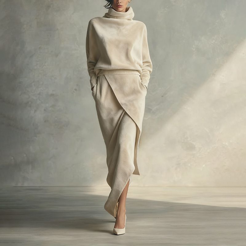 Women's Suede Batwing Sleeve Set Casual Loose Fit Solid Color Autumn Winter Clothing Irregular Half Skirt_ecoleips.com