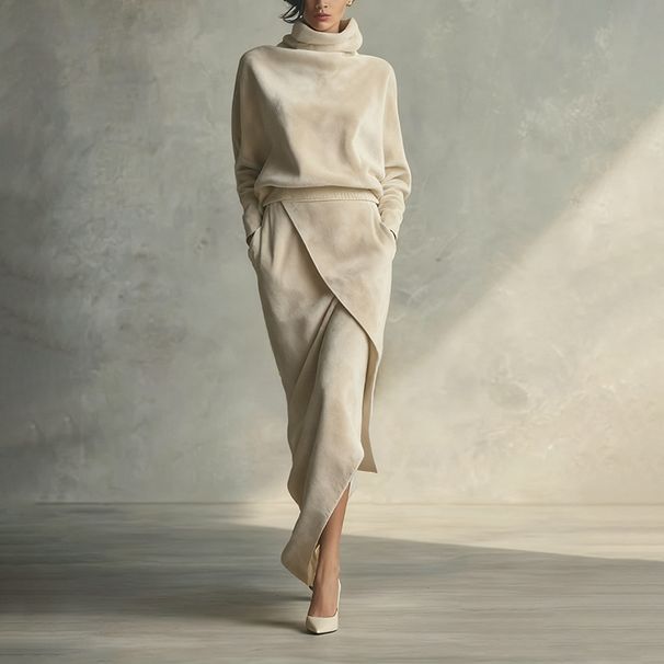 Women's Suede Batwing Sleeve Set Casual Loose Fit Solid Color Autumn Winter Clothing Irregular Half Skirt_ecoleips.com