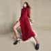 Talenza Red Patchwork Slit Maxi Dress Female Solid High Neck Long Sleeve Party Club Dress Sexy Gathered Pullover Slim Dress Robe_ecoleips.com