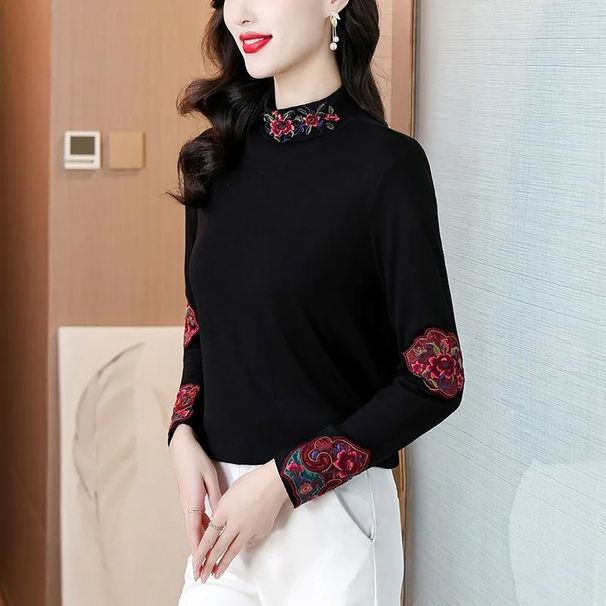 Autumn And Winter German Velvet Warm Inner Wear Embroidered Top For Women, Ethnic Style, Half-High Neck Base Shirt, Long_ecoleips.com