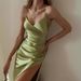 Summer European And American New Fashion Elegant V-neck Slim-fit Sexy Backless Slit Satin Women's Slip Dress_ecoleips.com