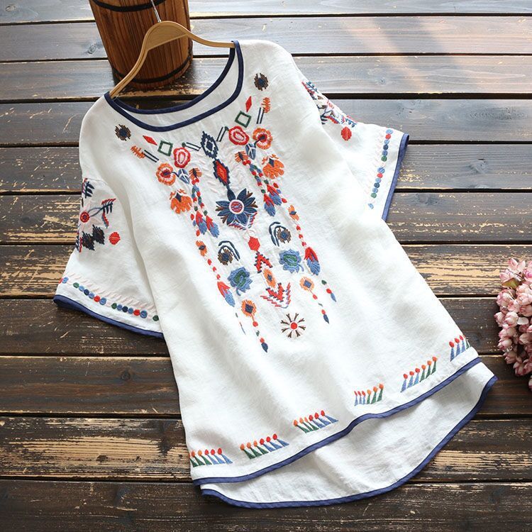 Bohemian Linen Embroidered T-Shirt – Oversized Loose Fit Short Sleeve Top For Women (White/Red/Yellow)_ecoleips.com