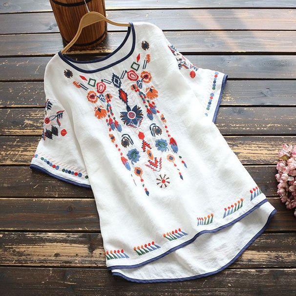 Bohemian Linen Embroidered T-Shirt – Oversized Loose Fit Short Sleeve Top For Women (White/Red/Yellow)_ecoleips.com