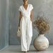 Elegant V-Neck Jumpsuit With Button Front And Adjustable Waist Tie, Solid Color One-Piece Outfit For Women, Chic Lounge To Street Wear_ecoleips.com