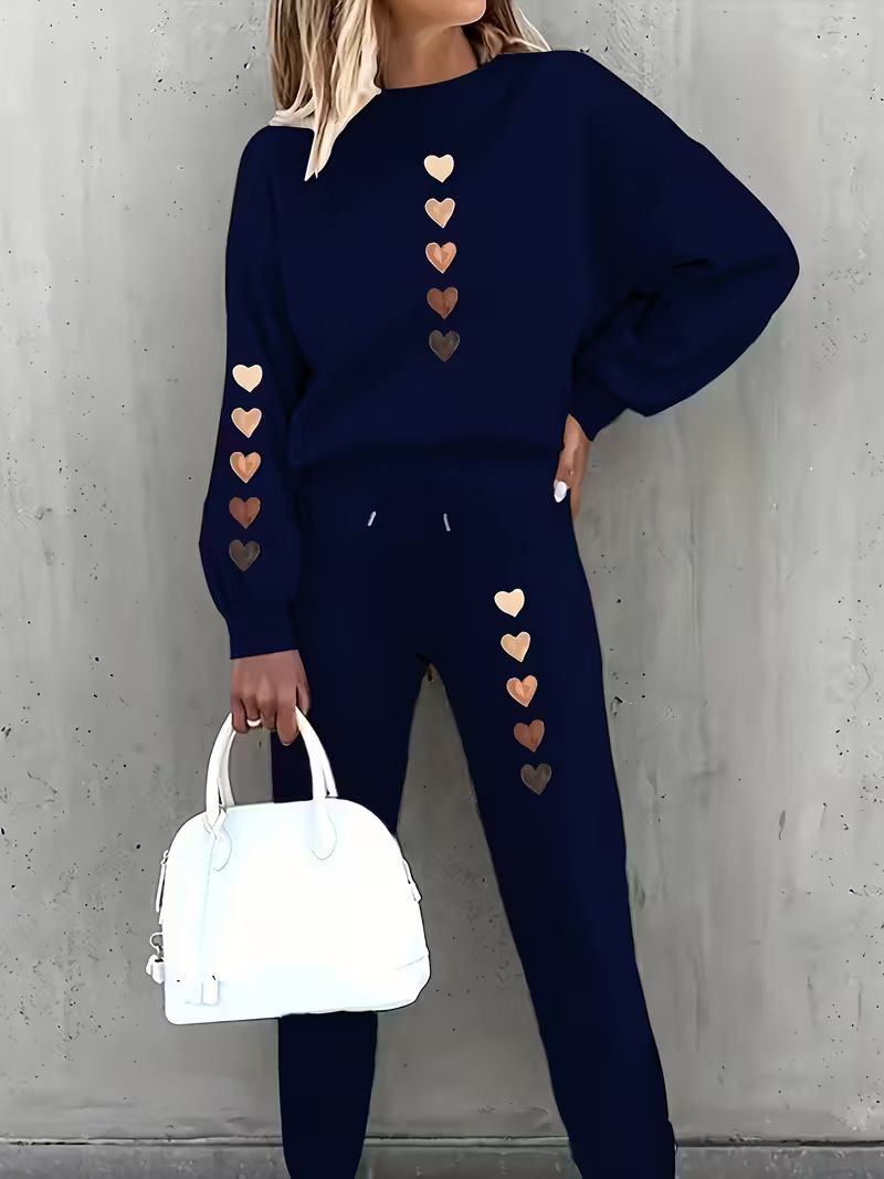 Women's Fashion Gradient Heart Print Two Piece Set Casual Trendy Autumn Winter Crew Neck Sweatshirt_ecoleips.com