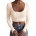 Women's Clothing Large Round Neck Long Sleeve Threaded Ultra Short Slim Fit T Shirt_ecoleips.com
