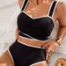 Women's High-Waisted Pleated Bikini Set Black And White Striped Two Piece Swimsuit with Bow Tie at the Back_ecoleips.com