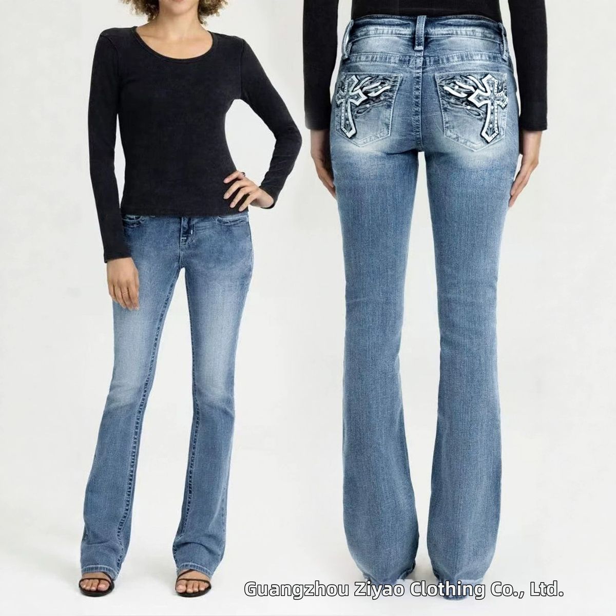 Summer Low Rise Stretch Slim Fit Flared Jeans for Women American Retro Style Cross Embroidery New Style 2026_ecoleips.com