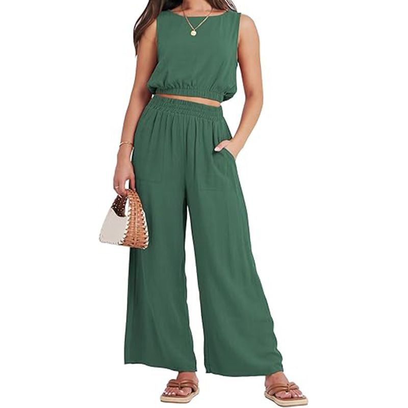 Women's Casual Two Piece Set Round Neck Sleeveless High Waist Wide Leg Elastic Hem Spring_ecoleips.com