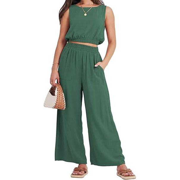 Women's Casual Two Piece Set Round Neck Sleeveless High Waist Wide Leg Elastic Hem Spring_ecoleips.com