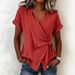 Voya Women's New Casual Solid Color Short Sleeved Top, New Lapel Tie Irregular Top, Multiple Colors To Choose From_ecoleips.com
