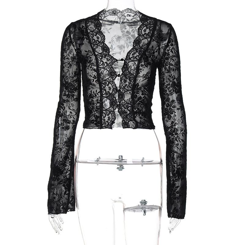 European And American Best-Selling Women's Clothing 2024 Autumn New Fashion Printed Sexy Mesh Lace Cardigan T-Shirt_ecoleips.com