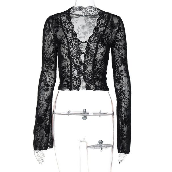 European And American Best-Selling Women's Clothing 2024 Autumn New Fashion Printed Sexy Mesh Lace Cardigan T-Shirt_ecoleips.com