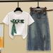 Women's Clothing New Beaded Bow Short-sleeved T-shirt With Split Raw Edge Denim Skirt_ecoleips.com