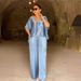 Women's Clothing Suits Fashionable Temperament Casual V Neck Short Sleeved Wide Leg Pants Suit_ecoleips.com