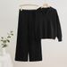 Solid Color Knit Lapel Top & Drawstring Wide Leg Pants Set - Comfortable Office & Casual Outfit For Women_ecoleips.com