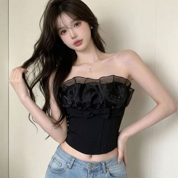 Sweet Sheer Strapless Bowknot Top For Women, 2026 Summer New Style, Purely Alluring, Sexy, Slim-Fit, With Chest Pads,_ecoleips.com