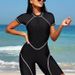 Women’s Clothing New Color Matching Swimsuit Zipper Bikini Boxer Shorts One Piece Surfing Suit_ecoleips.com