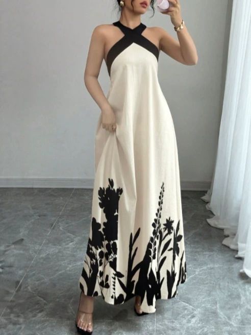 Elegant Halter Neck Backless Maxi Dress With Bow Tie Back And Flared Skirt For Summer Vacation & Evening Parties_ecoleips.com