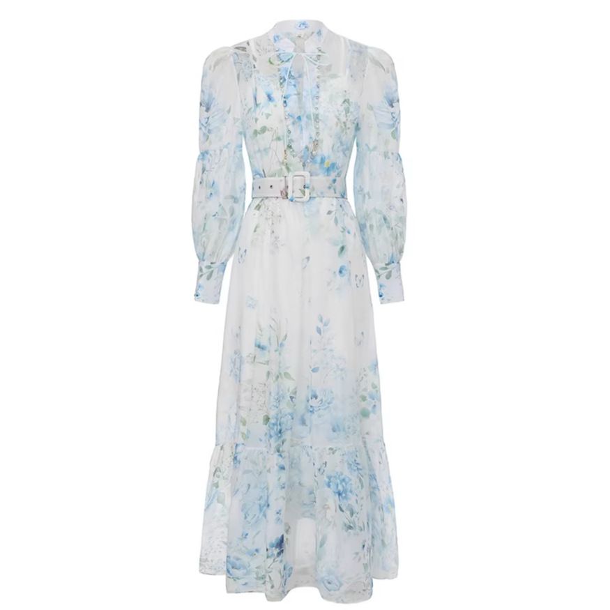 Elegant Floral Print Chiffon Dress With Lantern Sleeves & Peplum Hem - A-Line Long Dress For Women (Pink, Light Blue, Lavender)_ecoleips.com