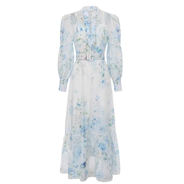 Elegant Floral Print Chiffon Dress With Lantern Sleeves & Peplum Hem - A-Line Long Dress For Women (Pink, Light Blue, Lavender)_ecoleips.com