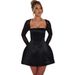 Women's Clothing Sexy Low Cut Solid Color Square Neck A Line Skirt For Women Winter New Personalized Lace Splicing Long Sleeved Dress_ecoleips.com
