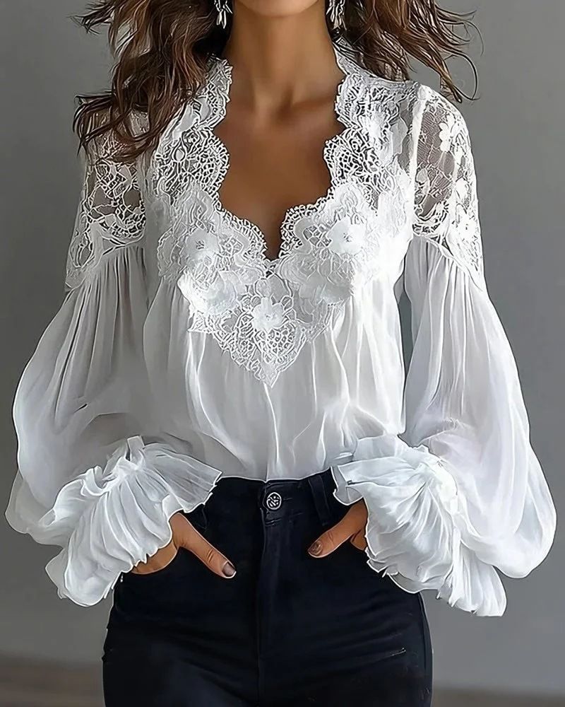 Women's Lace Patchwork Puff Sleeve Pleated Shirt European American Style Independent Website Clothing_ecoleips.com