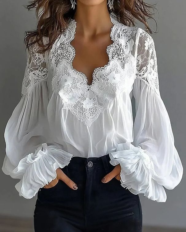 Women's Lace Patchwork Puff Sleeve Pleated Shirt European American Style Independent Website Clothing_ecoleips.com