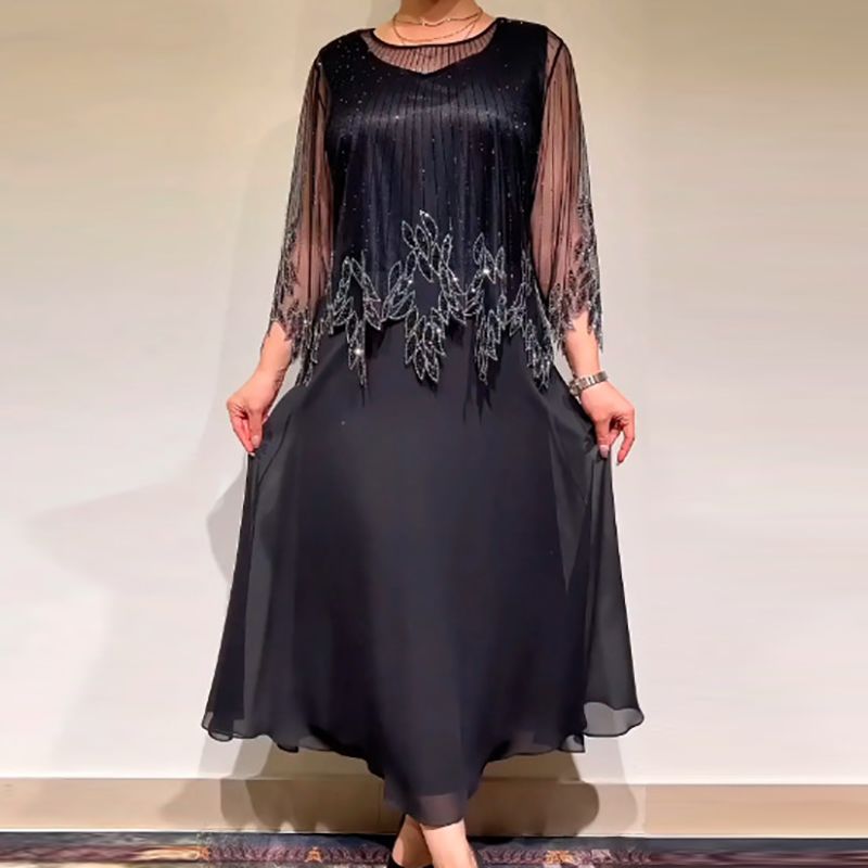 Lady O Neck Mesh Patchwork Loose Dress Autumn Vintage Embroidery Solid Color Party Dress Casual High Waist Commuting Long Dress_ecoleips.com