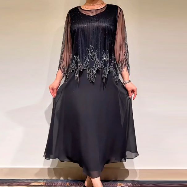 Lady O Neck Mesh Patchwork Loose Dress Autumn Vintage Embroidery Solid Color Party Dress Casual High Waist Commuting Long Dress_ecoleips.com