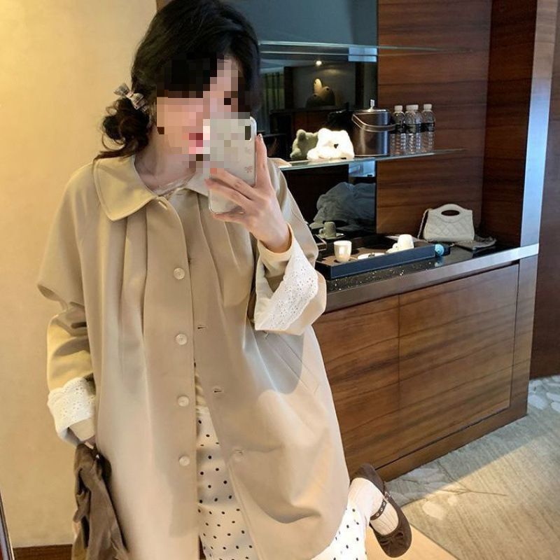 Long Island Lover Korean-style Spliced Cuff Lace Mid-length Trench 2025 New Loose-fit Autumn Coat_ecoleips.com