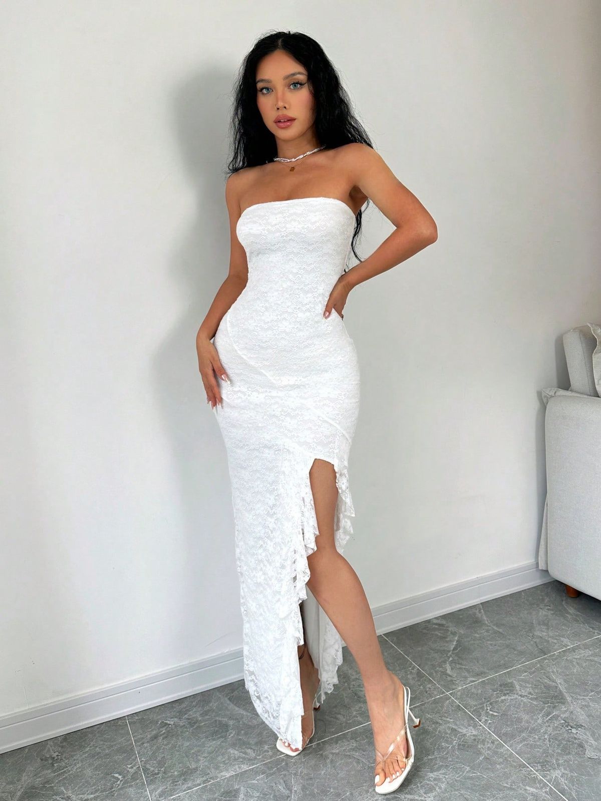 "Elegant Strapless Slit Dress For Women - Solid Color Bodycon Dress With Fitted Waist, Perfect For Evening Parties & Special Occasions"_ecoleips.com