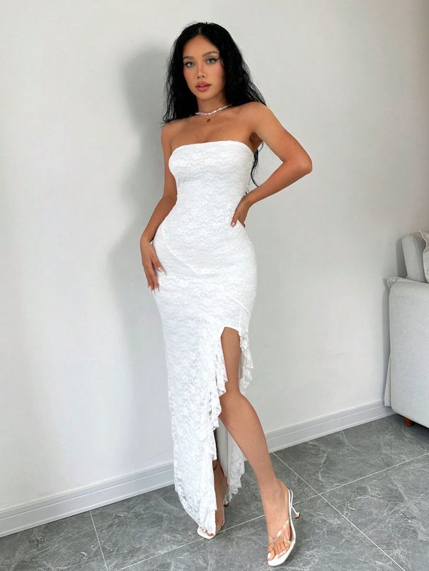 "Elegant Strapless Slit Dress For Women - Solid Color Bodycon Dress With Fitted Waist, Perfect For Evening Parties & Special Occasions"_ecoleips.com