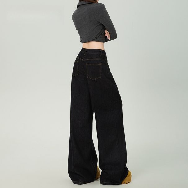 Black Gold Spring/Summer Straight-Leg Jeans For Women 2025 Autumn New High-Waisted Loose Wide-Leg Pants_ecoleips.com