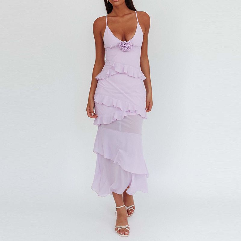 Sexy Deep V Neck 3D Flower Pleated Long Dress Women Spring Solid Slim Ruffle Long Dress Summer Sleeveless Spaghetti Straps Dress_ecoleips.com