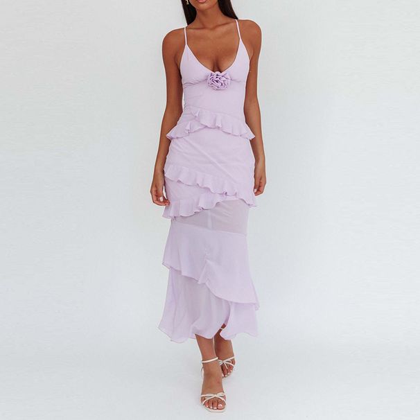 Sexy Deep V Neck 3D Flower Pleated Long Dress Women Spring Solid Slim Ruffle Long Dress Summer Sleeveless Spaghetti Straps Dress_ecoleips.com
