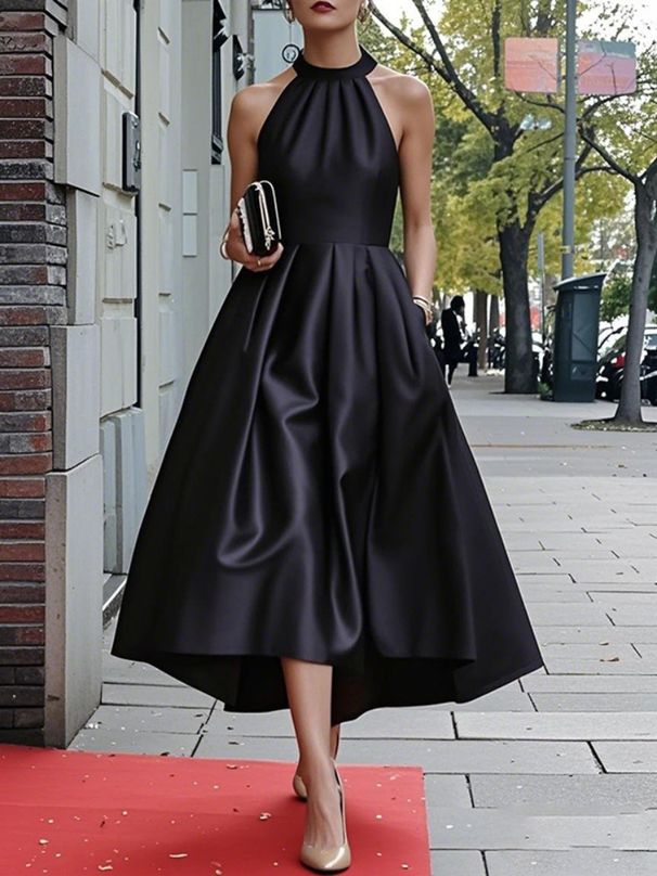 Freeacy Women's Elegant Evening Dress Halter-neck Sleeveless High Waist A-line Pleated Dress Summer Stylish Party Gowns_ecoleips.com