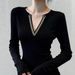 Women's Clothing Retro Black Chain V Neck Knitted Base Layer Top For Women Slimming Long Sleeve Autumn Winter Sexy Fitted Waist T-Shirt_ecoleips.com