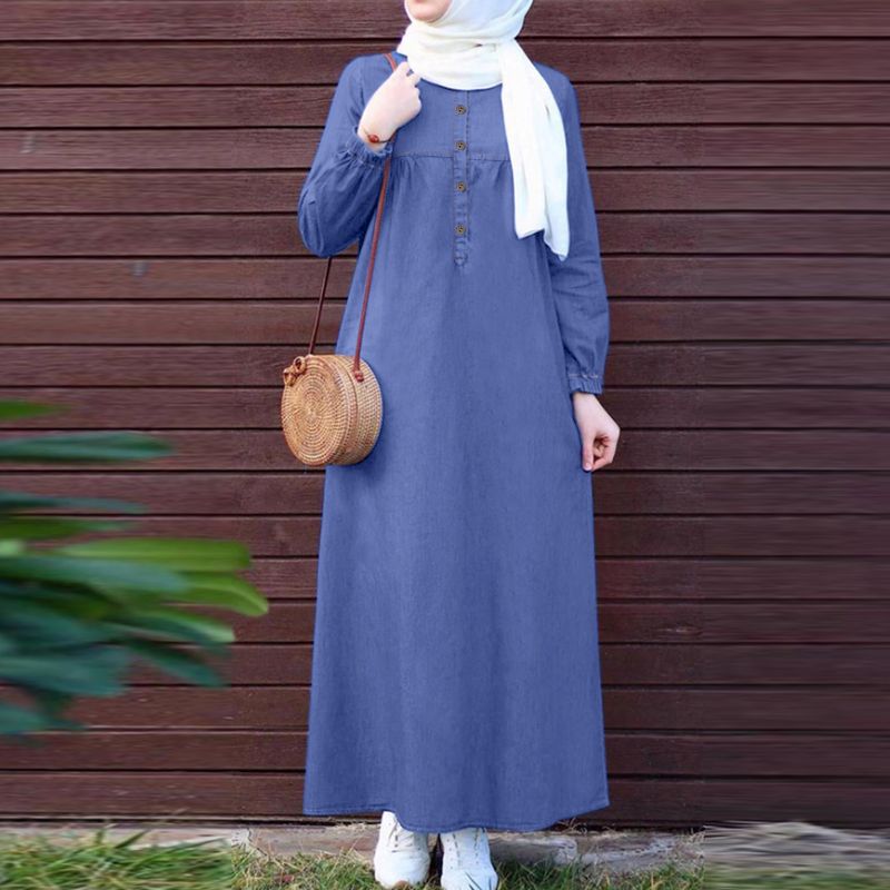 ZANZEA Denim Blue Muslim Hijab Abaya Robes Autumn 2024 Long Sleeve Loose Casual Islamic Maxi Dress Solid Women Kaftan Dresses_ecoleips.com