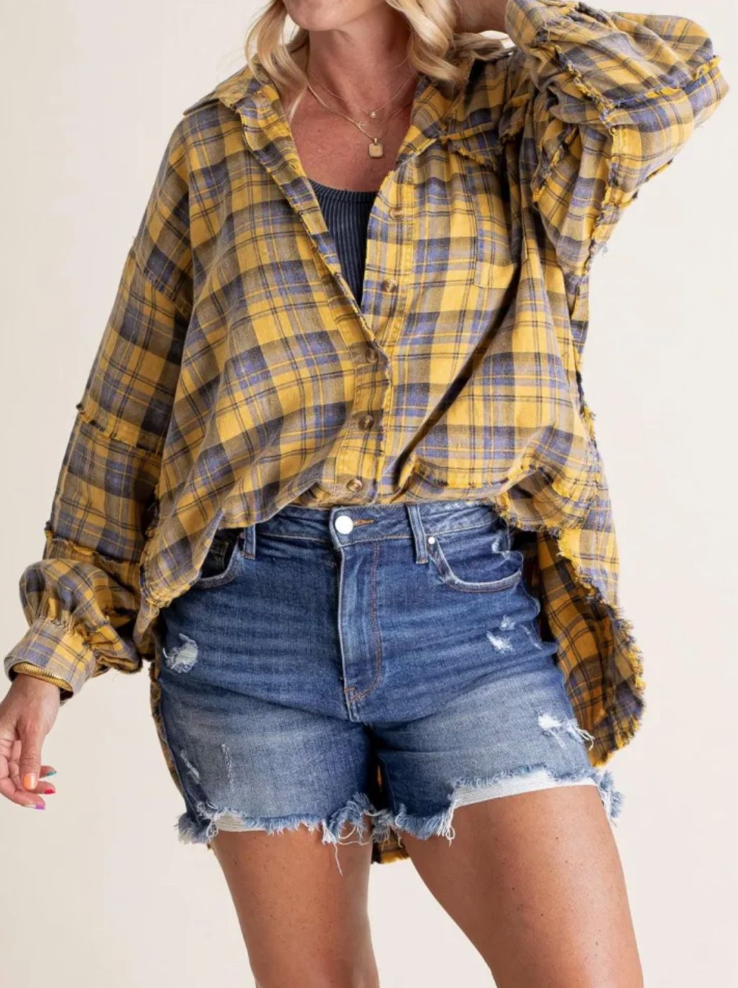 Verve 2025 Women's Autumn Winter New Frayed Lantern Sleeve Loose Button Plaid Shirt_ecoleips.com