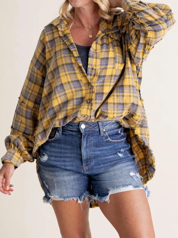 Verve 2025 Women's Autumn Winter New Frayed Lantern Sleeve Loose Button Plaid Shirt_ecoleips.com