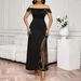 Women's Clothing Women's Slim Fit Lace Patchwork Dress With Waist Cinching Solid Color Square Neck Sequin Long Skirt_ecoleips.com
