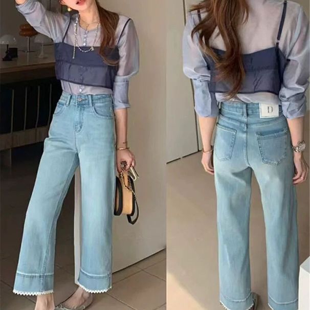 Light Blue Lace-trimmed High-waisted Straight-leg Mid-width Jeans For Women, Stretchy, Cropped, Casual, Stylish_ecoleips.com
