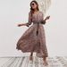 Bohemian Rayon Printed Dress Three Quarter Sleeve Waist Cinching For Travel Vacation Beach Wear Women's Clothing_ecoleips.com