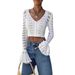 2026 New European And American Style Sexy Hollow Cardigan For Women, Solid Color Long Sleeve V-Neck Short Knit Top_ecoleips.com