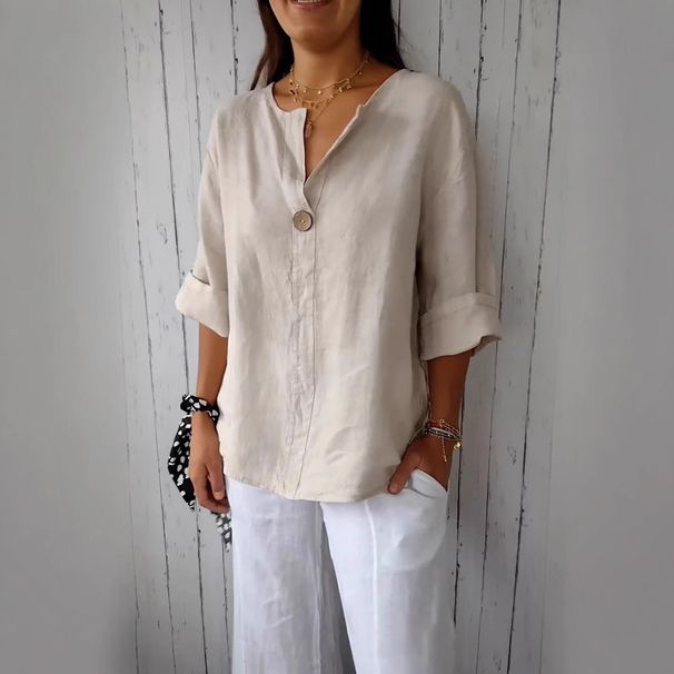 K New Loose T-shirt Comfortable Casual V-neck Button Up Top For Women_ecoleips.com