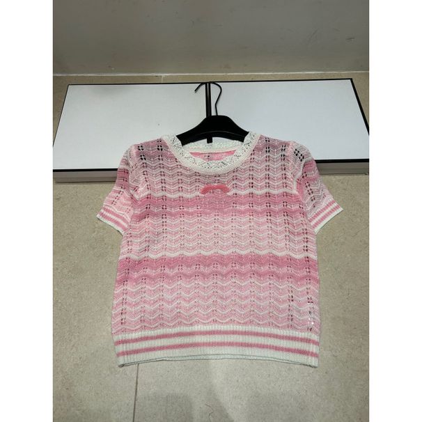 2026 Summer Brand Logo New Knitted Hollow Logo Pink Wave Short Sleeve Pullover Loose Versatile Women's Trendy Item_ecoleips.com