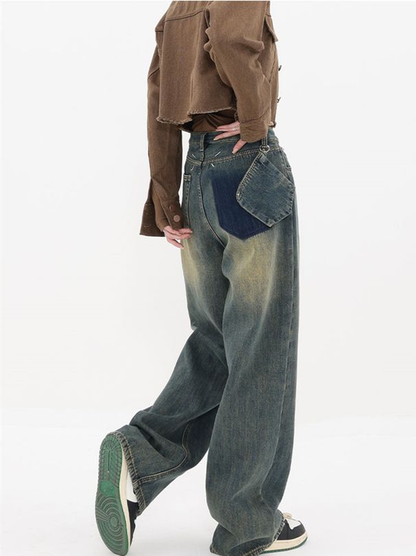 New High Waist Vintage Wash Old Straight Leg Jeans Women's Design Sense Of High Waist Loose Everything Mop Wide Leg Pants Trend_ecoleips.com