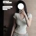 Korean Style Solid Color V-Neck T-Shirt Slim Fit Short Sleeve Slightly Sheer Summer Top Milky White Tencel Blend Versatile_ecoleips.com
