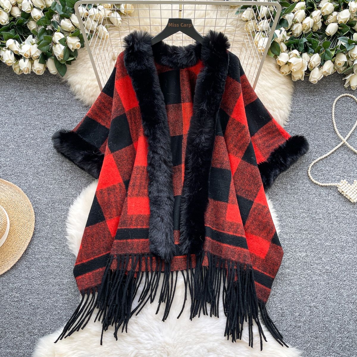 Women's Relaxed Retro Style Cardigan Fur Patchwork Knitwear Outerwear Casual High-End Shawl Cape Loose Stylish Winter_ecoleips.com